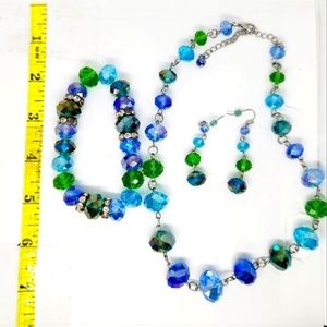 Vintage Blue Green Aqua Faceted Glass Crystal Bead Necklace Bracelet Earring Set